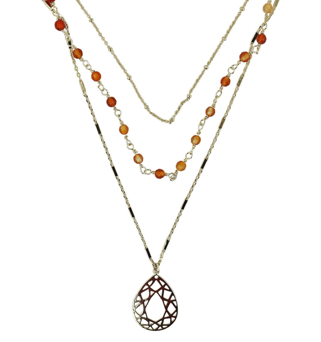 3-Strand Morocco Design Layered Carnelian Gold Tone Necklace