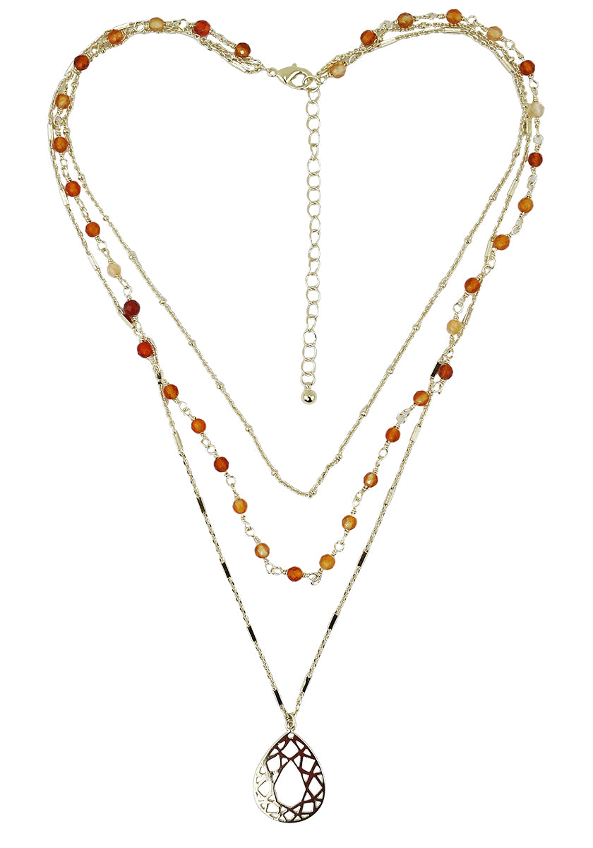 3-Strand Morocco Design Layered Carnelian Gold Tone Necklace