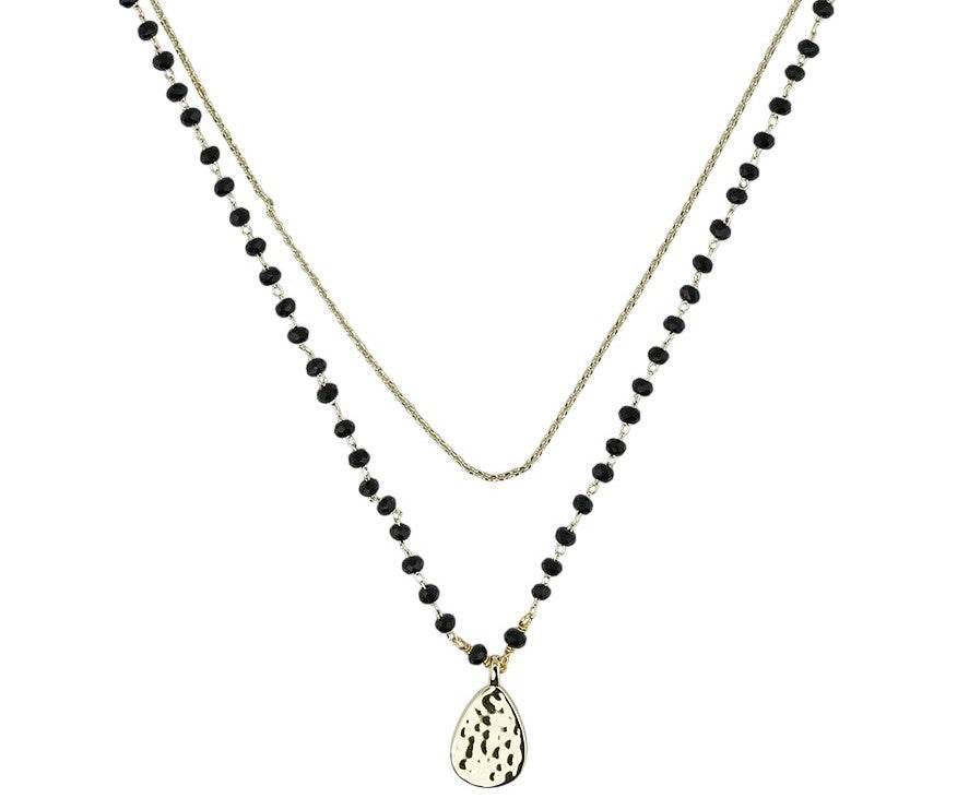 2-Strand Layered beaded Black Agate And Chain  Pendant Gold Tone Necklace