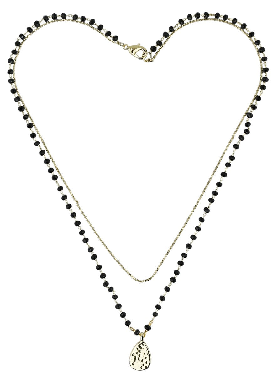 2-Strand Layered beaded Black Agate And Chain  Pendant Gold Tone Necklace