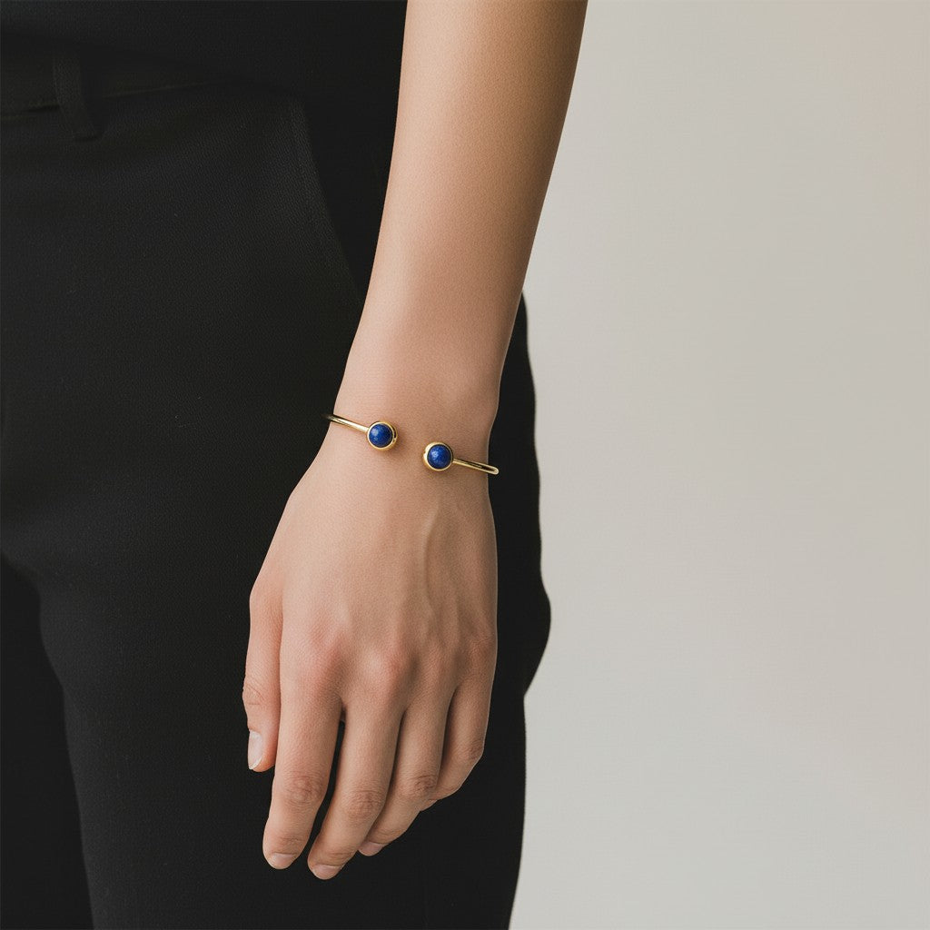 Round Lapis Wire Cuff Bracelet