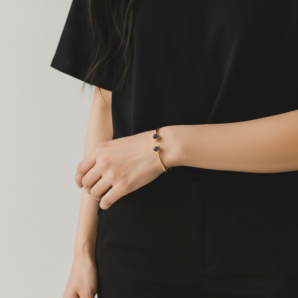 Round Amethyst Wire Cuff Bracelet