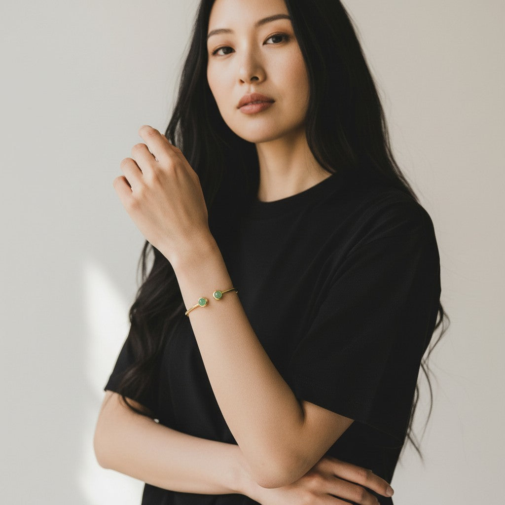 Round Green Aventurine Wire Cuff Bracelet