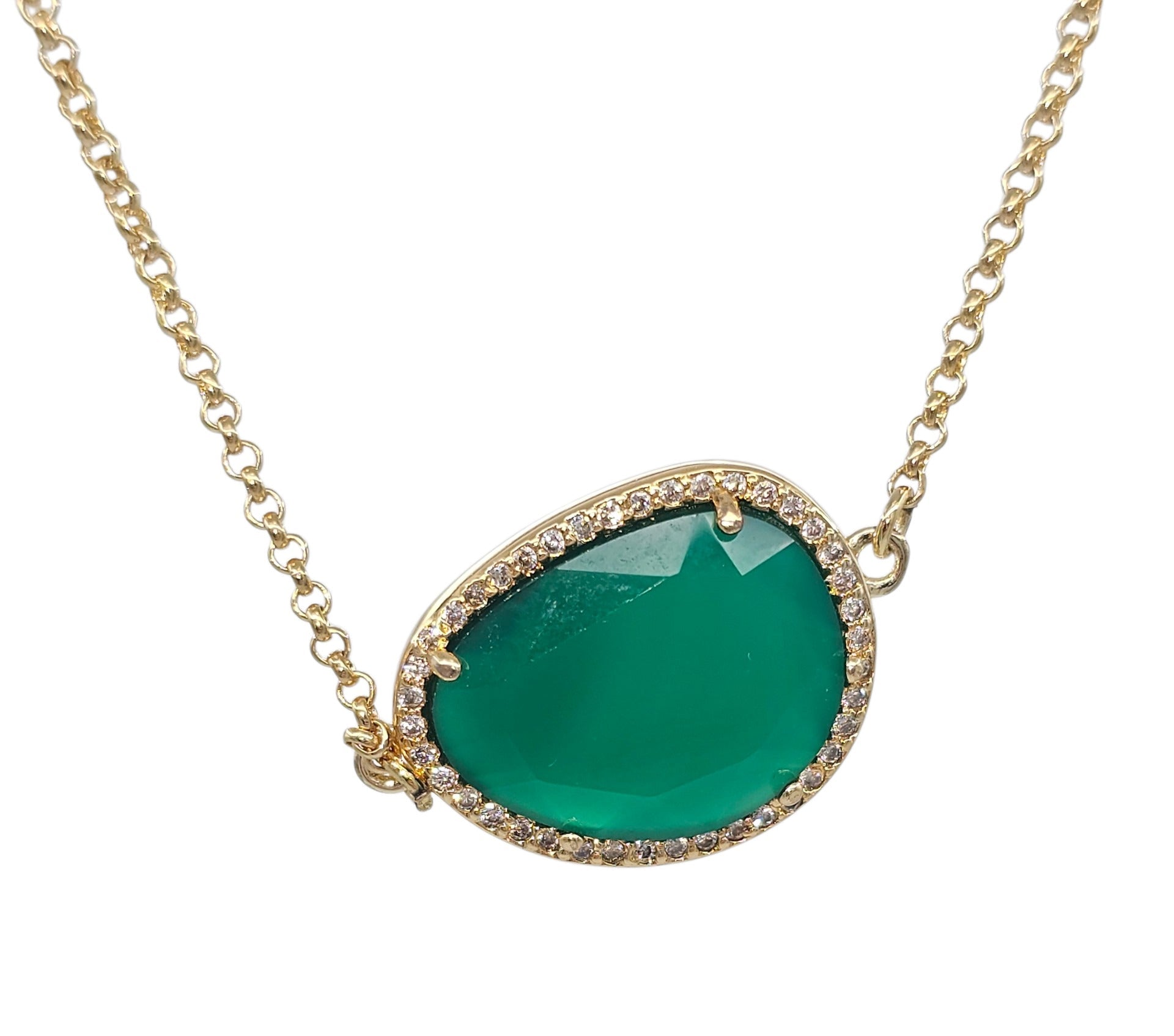 Gold Tone Tumbled Faceted Green Agate and CZ Necklace