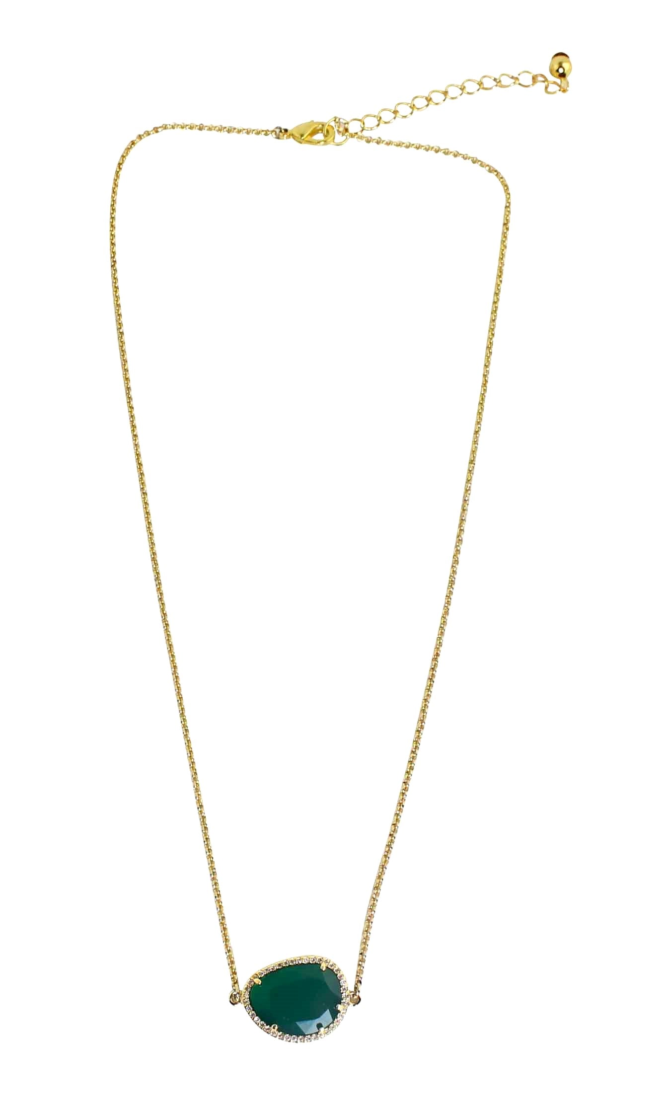 Gold Tone Tumbled Faceted Green Agate and CZ Necklace