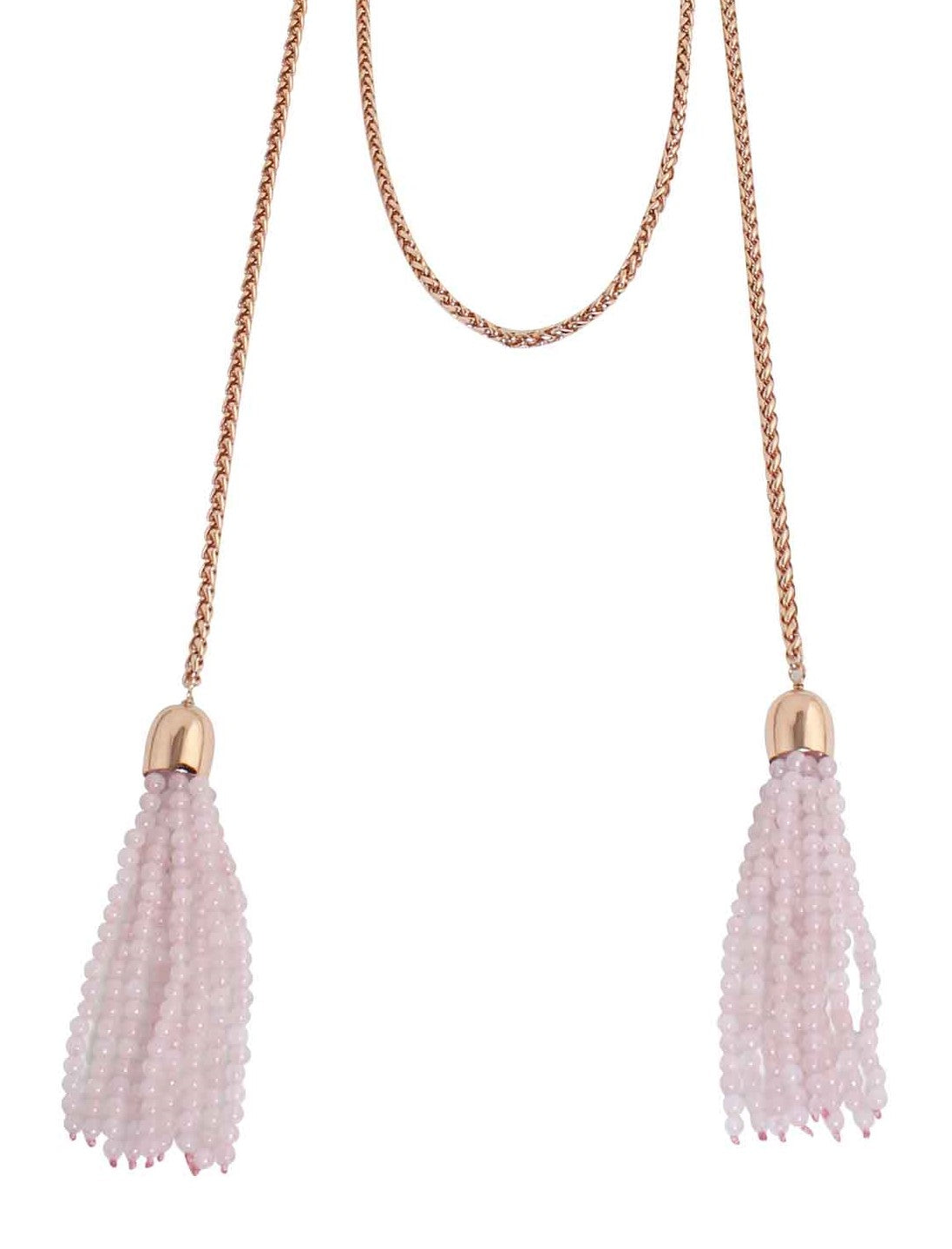 Round Rose Quartz Drop Tassel Necklace