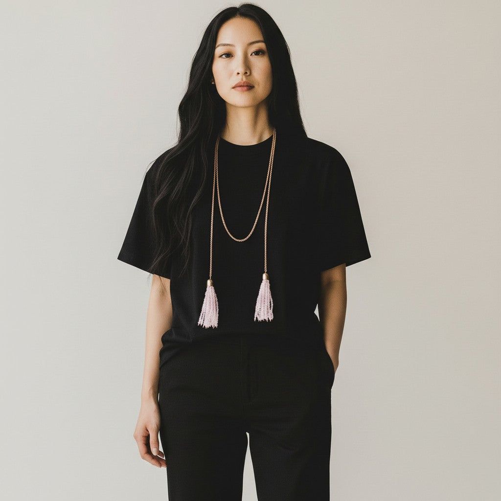 Round Rose Quartz Drop Tassel Necklace