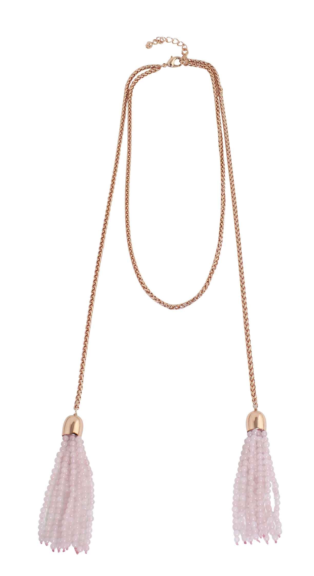 Round Rose Quartz Drop Tassel Necklace
