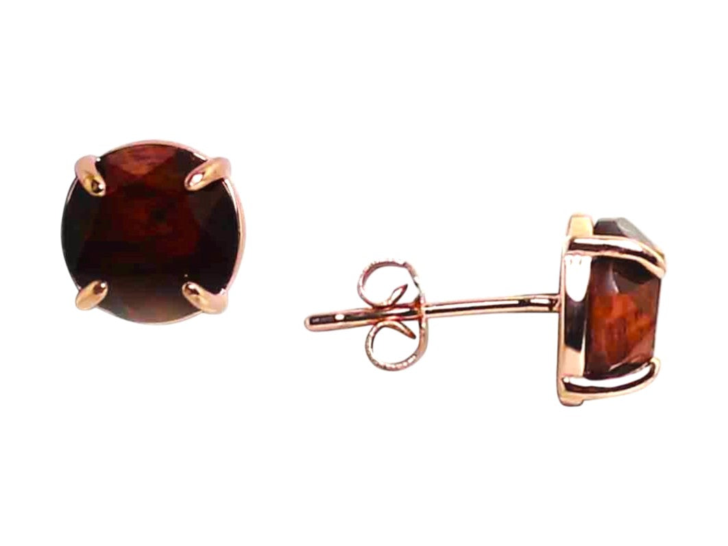 Round Faceted Red Tiger Eye Rose Gold Earrings