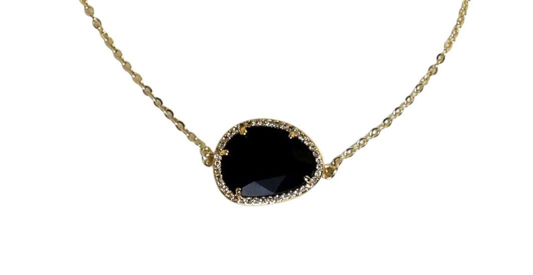 Gold Tone Tumbled Faceted Black Agate Necklace