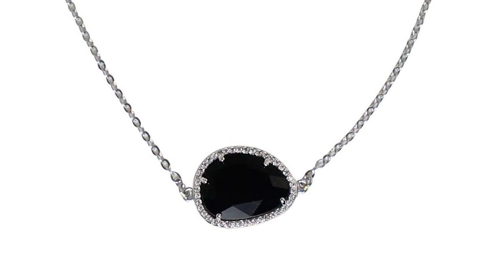 Silver Tone Tumbled Faceted Black Agate Necklace