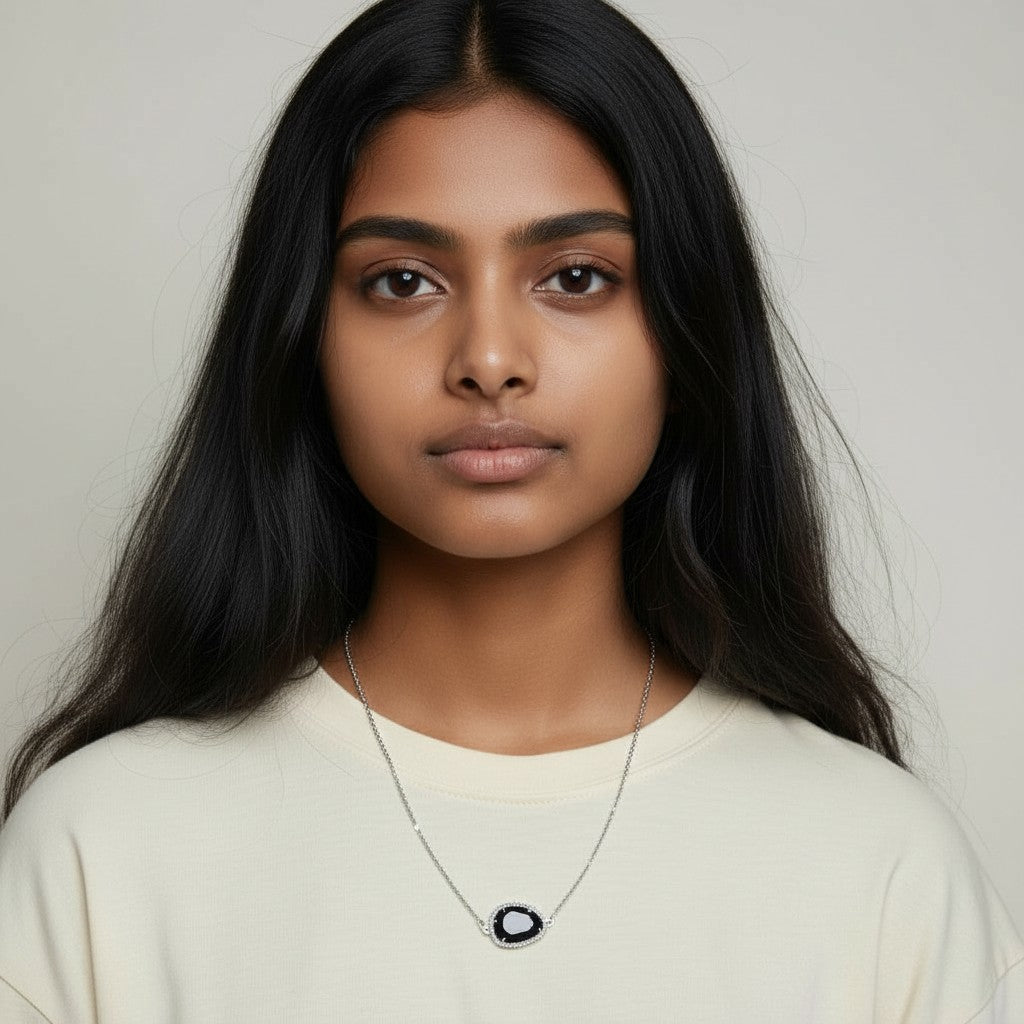 Silver Tone Tumbled Faceted Black Agate Necklace