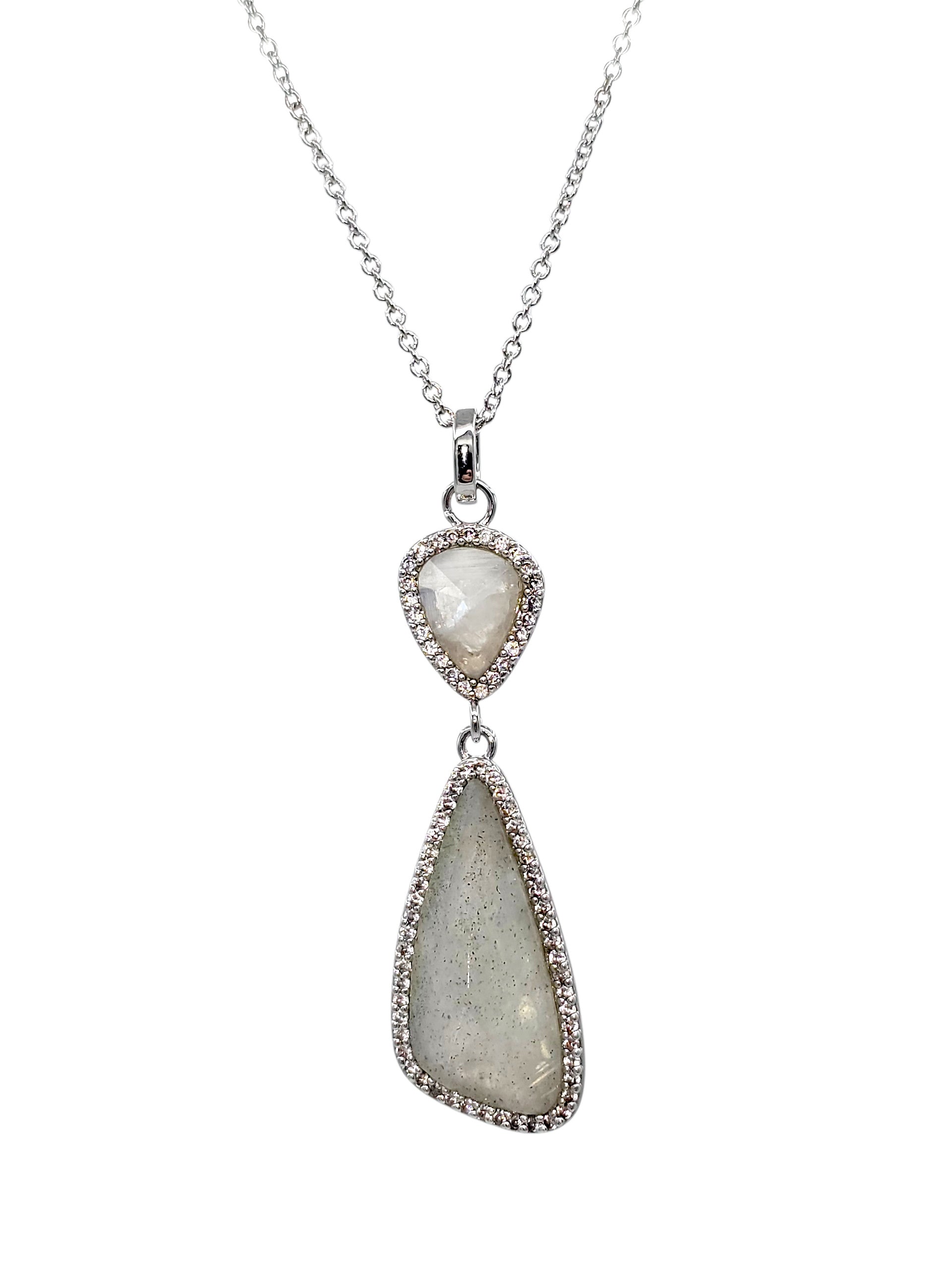 Tumbled Faceted Labradorite & Teardrop Moonstone Pendant Necklace