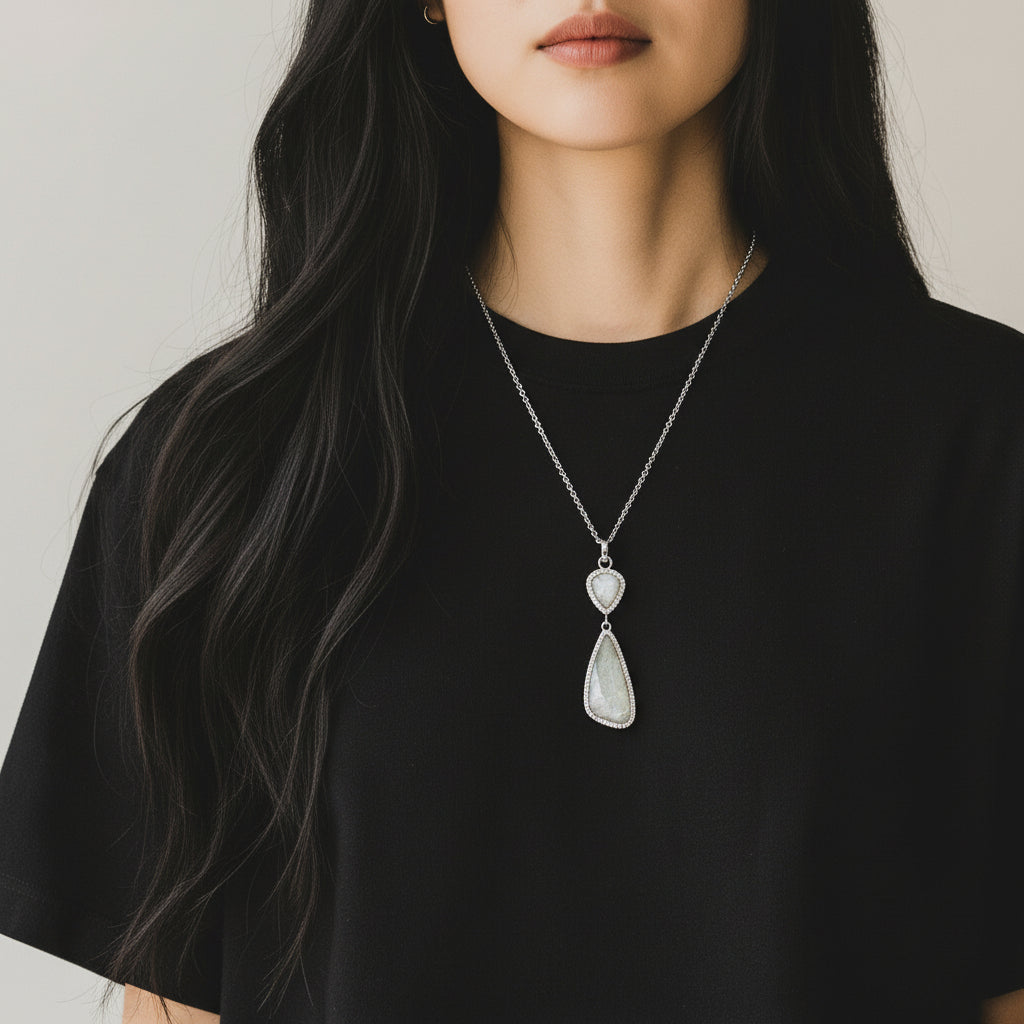 Tumbled Faceted Labradorite & Teardrop Moonstone Pendant Necklace