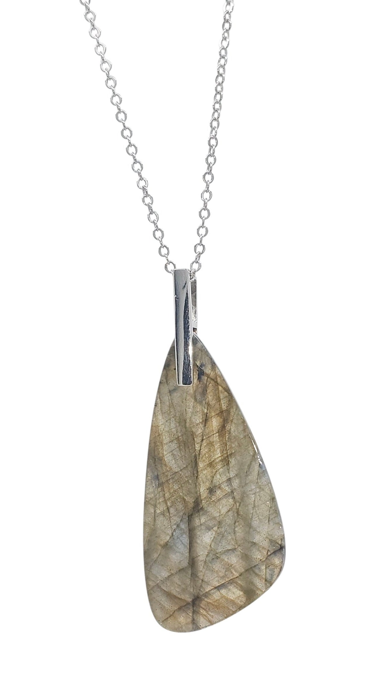 Silver-Tone Labradorite Tumbled Flat Pendant Necklace