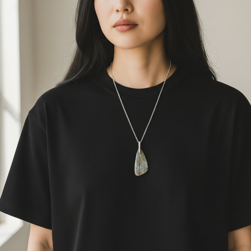 Silver-Tone Labradorite Tumbled Flat Pendant Necklace
