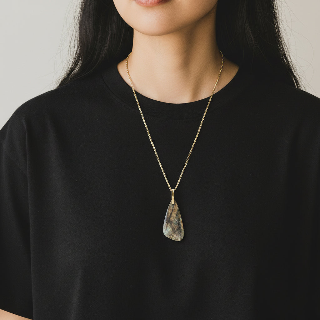 Gold-Tone Labradorite Tumbled Flat Pendant Necklace