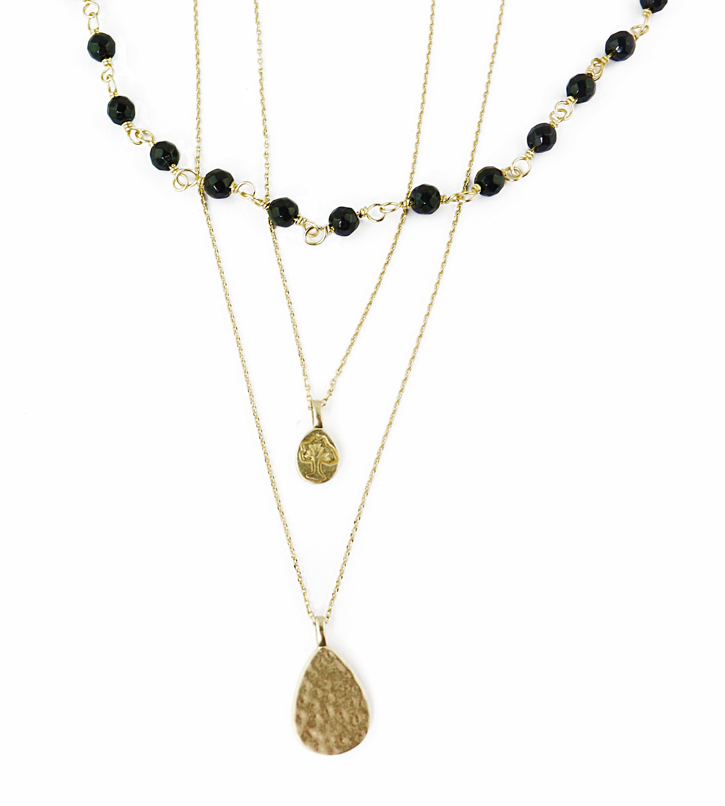 3-Strand Layered Black Agate Gold Tone Necklace