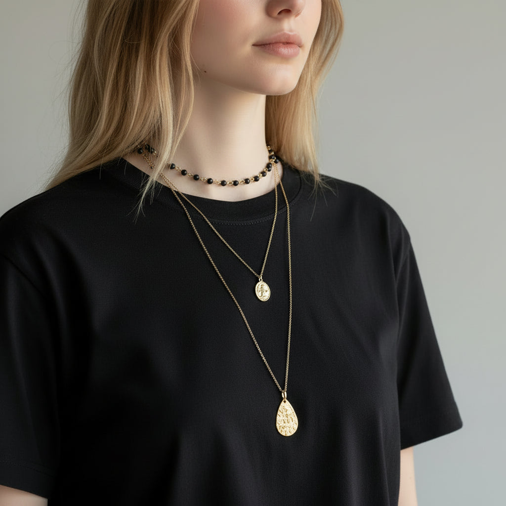 3-Strand Layered Black Agate Gold Tone Necklace