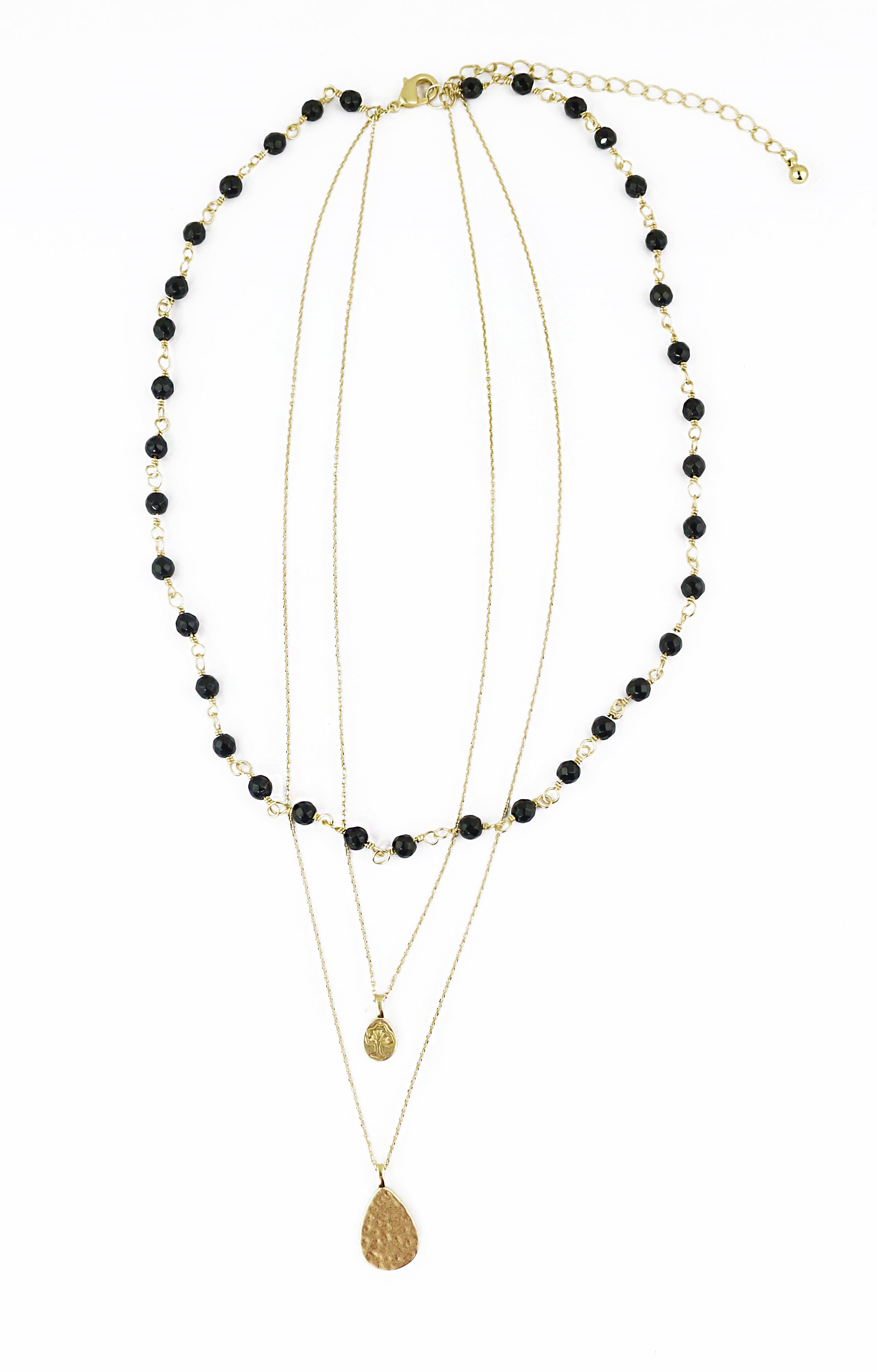 3-Strand Layered Black Agate Gold Tone Necklace