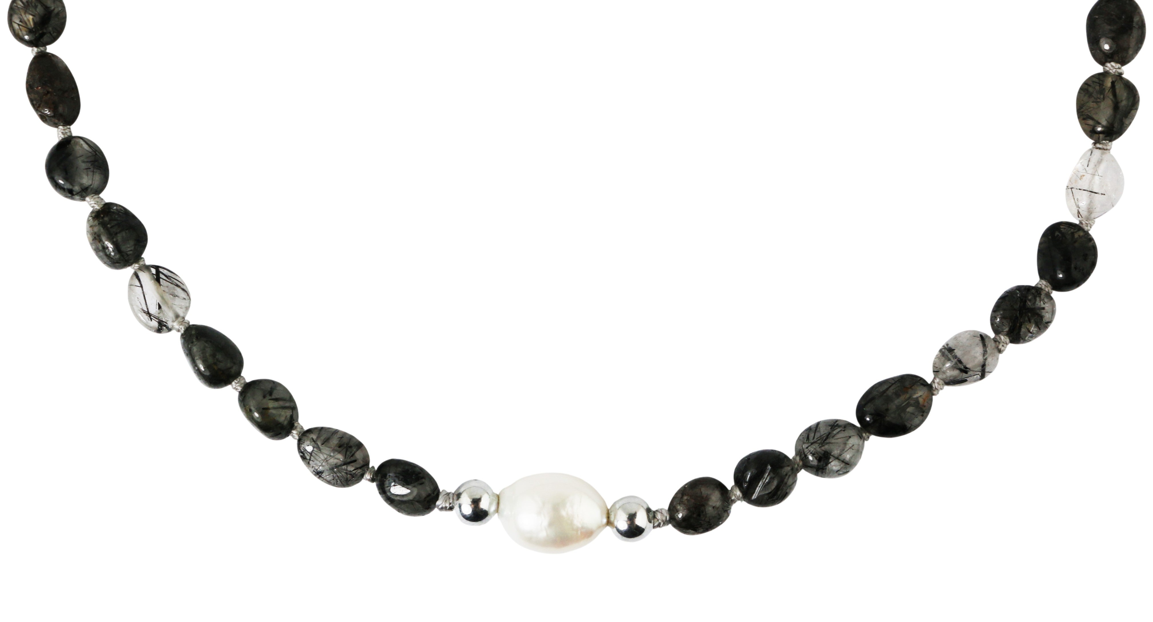 Black Rutilated Quartz & Pearl Necklace
