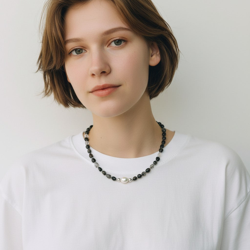Black Rutilated Quartz & Pearl Necklace
