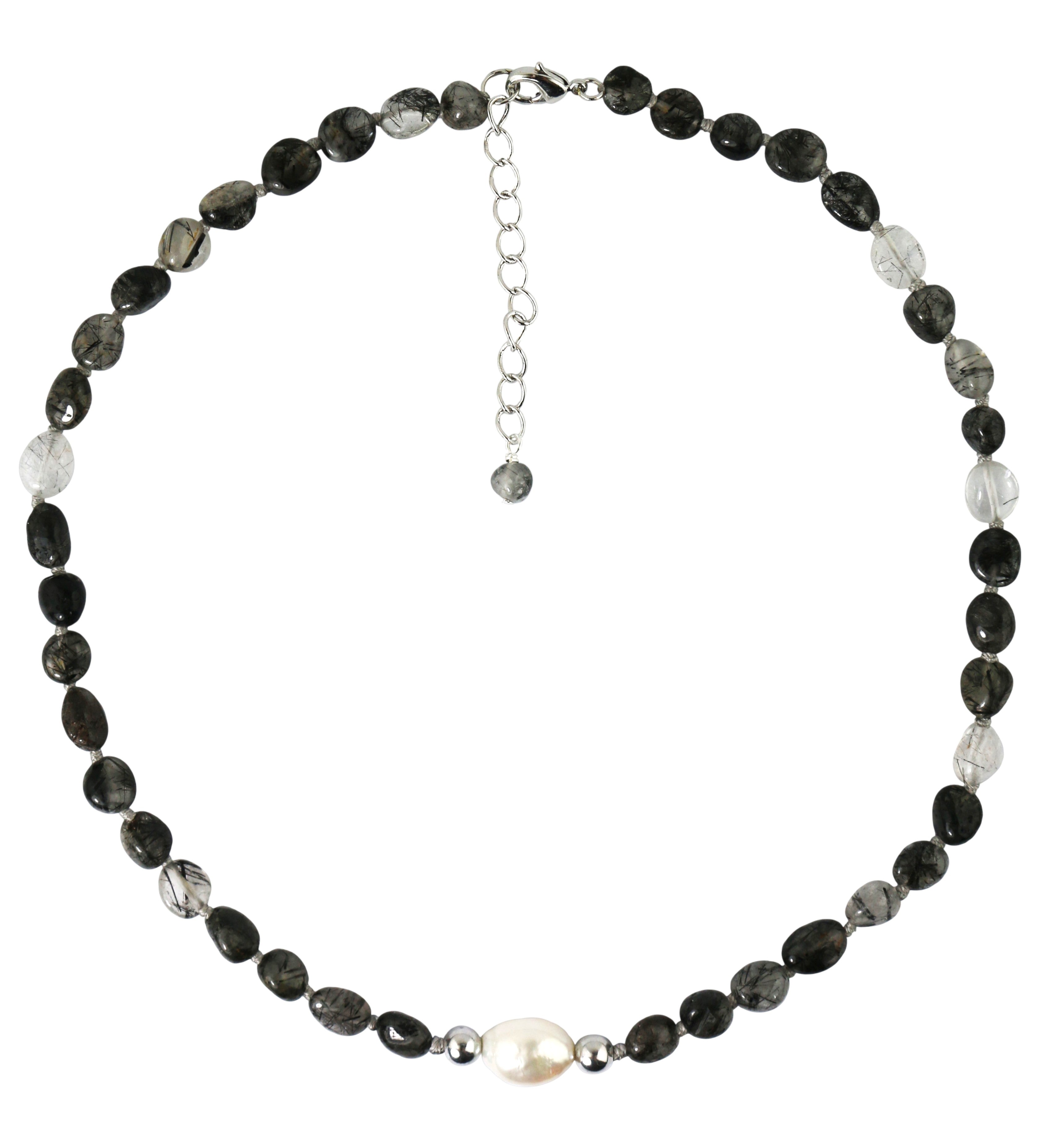 Black Rutilated Quartz & Pearl Necklace
