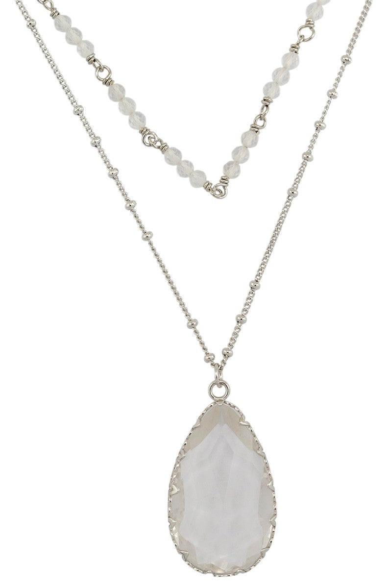2-Strand Layered Clear Quartz Tear Drop Pendant Silver Tone Necklace