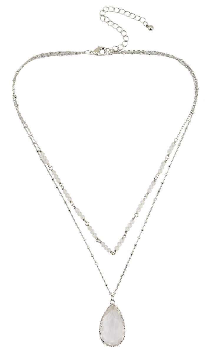 2-Strand Layered Clear Quartz Tear Drop Pendant Silver Tone Necklace