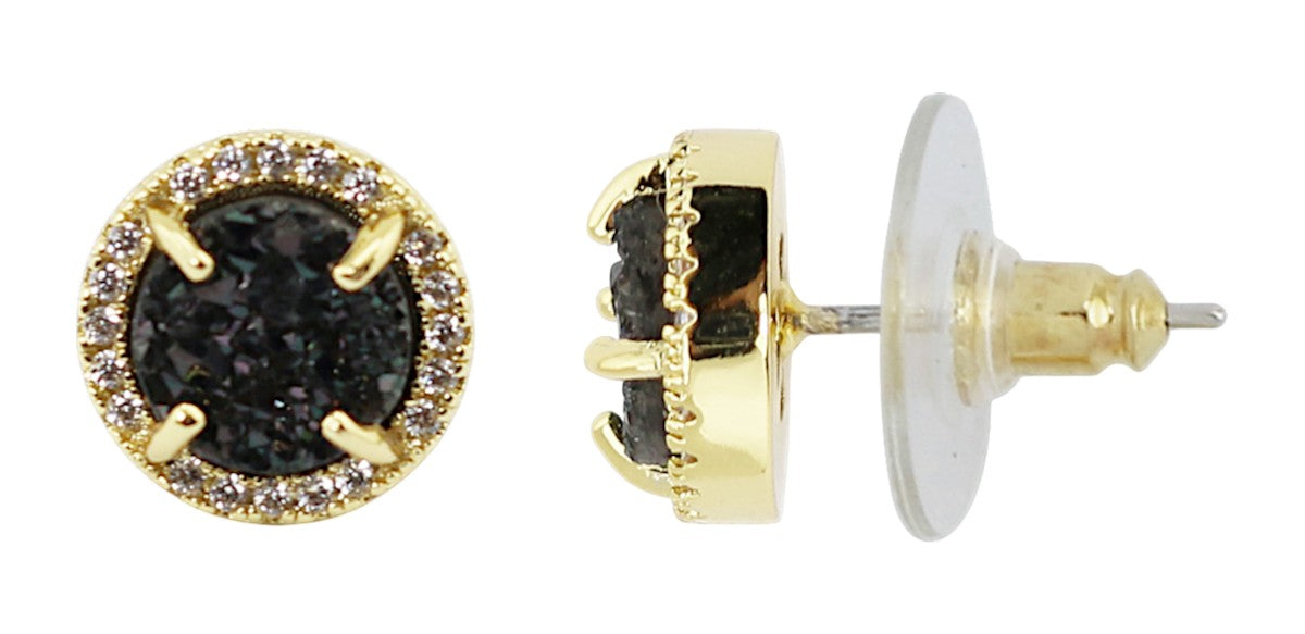 Round Gold Tone CZ and Black Druzy Earrings