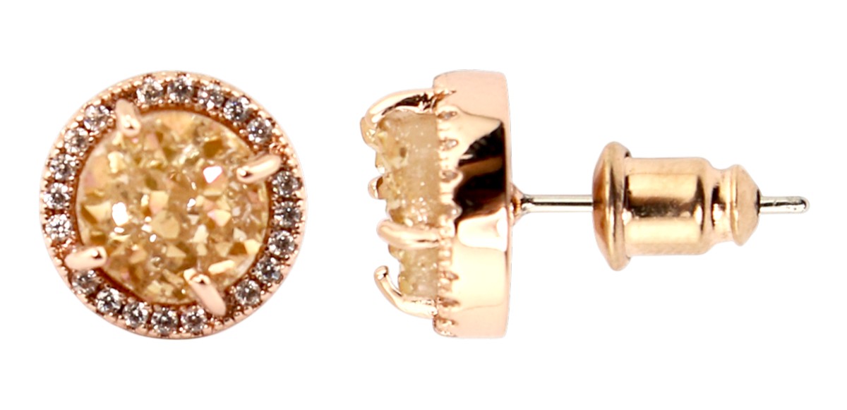 Round Rose Gold Tone CZ and Champagne Druzy Earrings