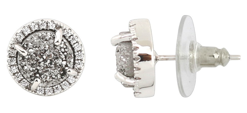 Round Silver Tone CZ and Platinum Druzy Earrings