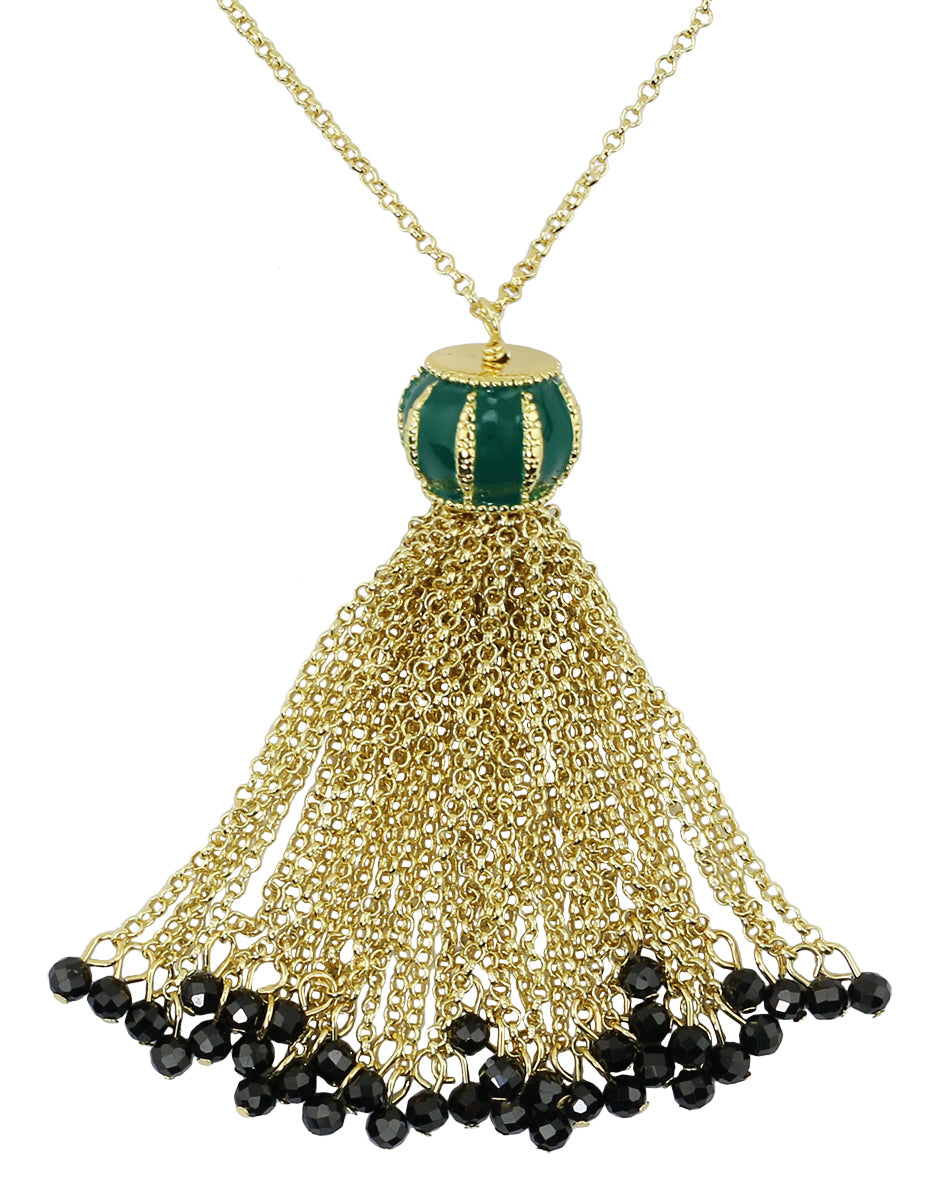 Green Color Enamel Round-Faceted Black Spinel and Black Agate beaded Tassel  Necklace