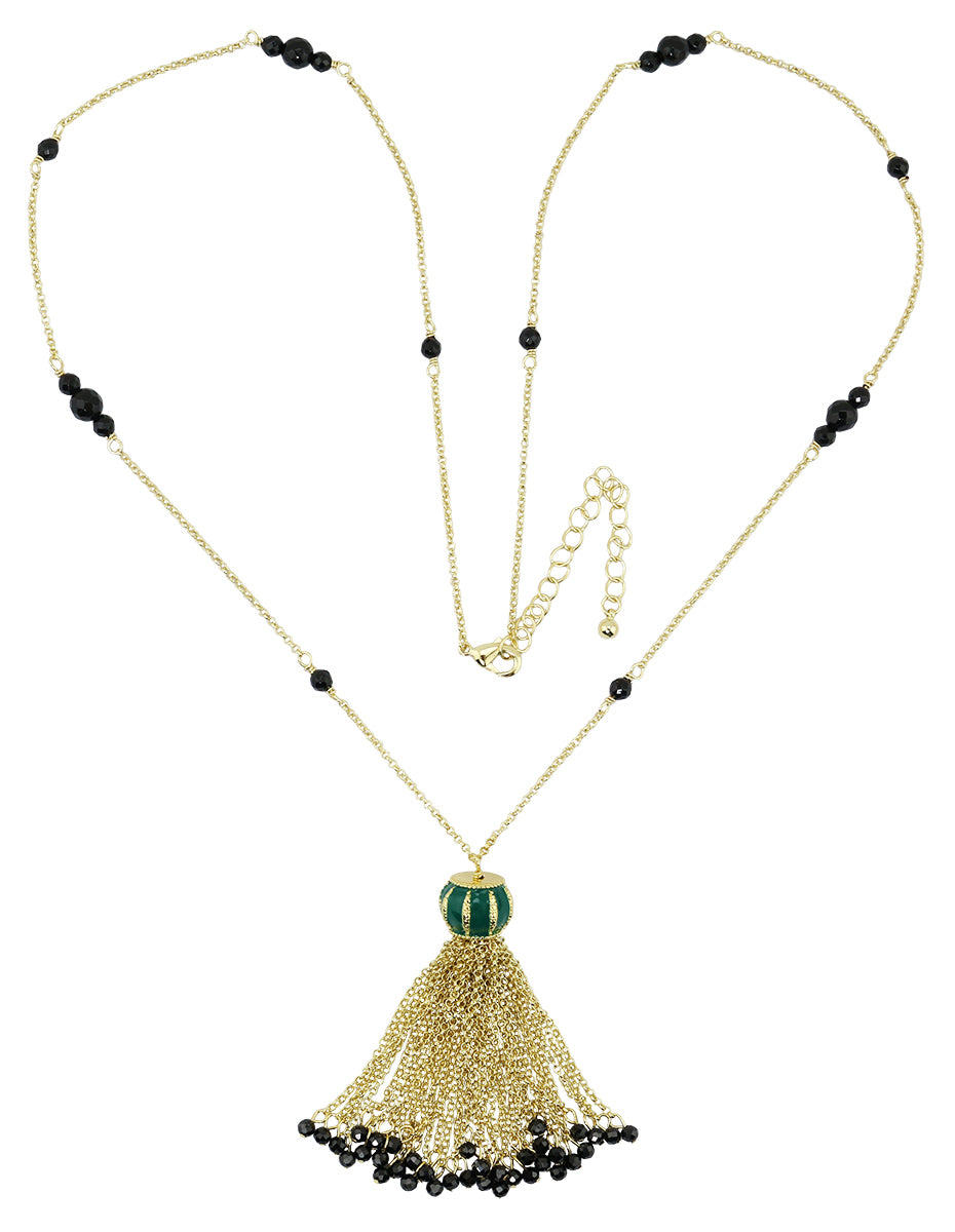 Green Color Enamel Round-Faceted Black Spinel and Black Agate beaded Tassel  Necklace