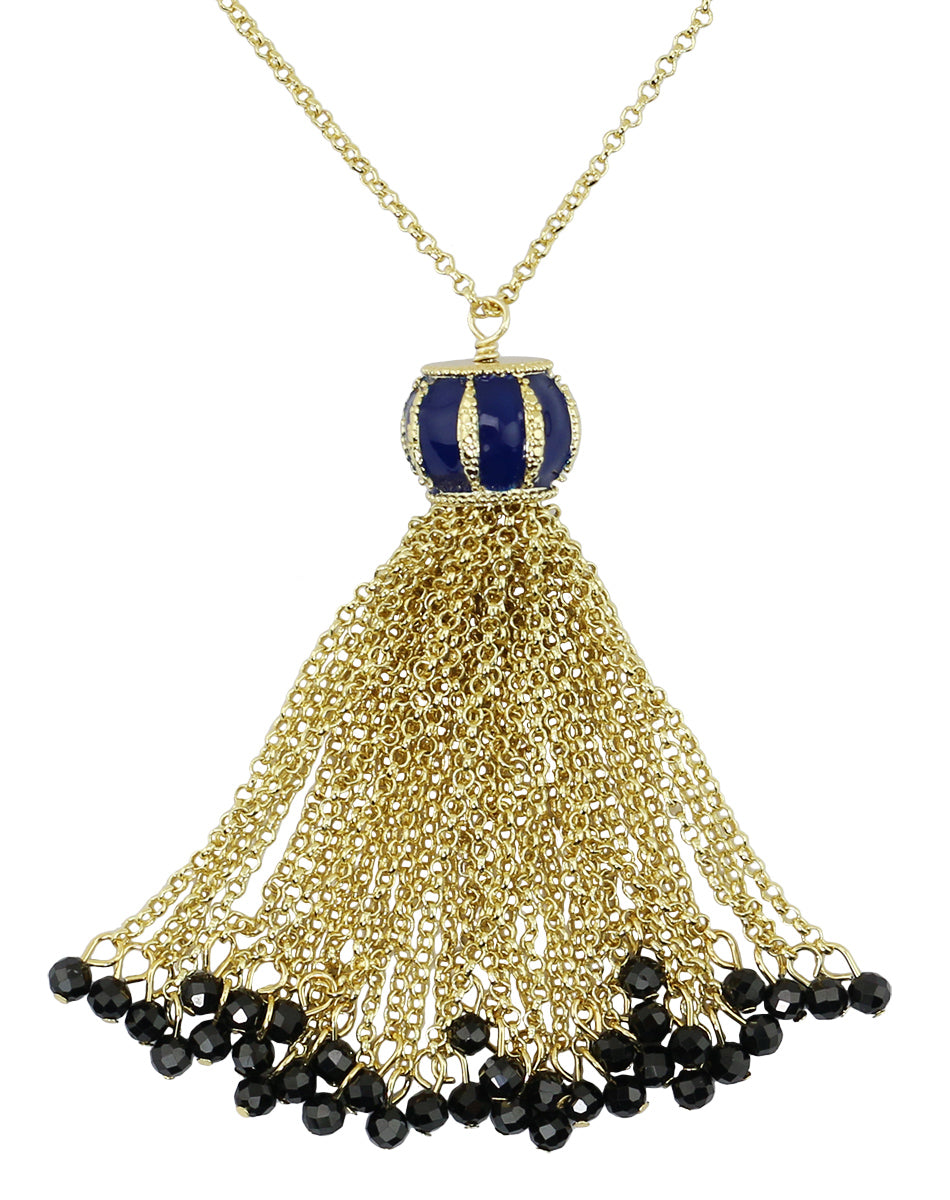 Lapis Blue Color Enamel Round-Faceted Black Spinel and Black Agate beaded Tassel  Necklace