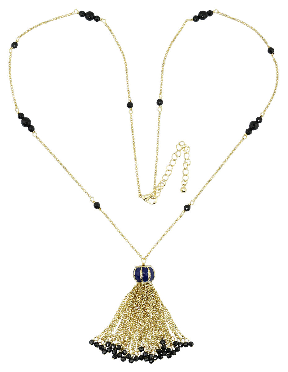 Lapis Blue Color Enamel Round-Faceted Black Spinel and Black Agate beaded Tassel  Necklace