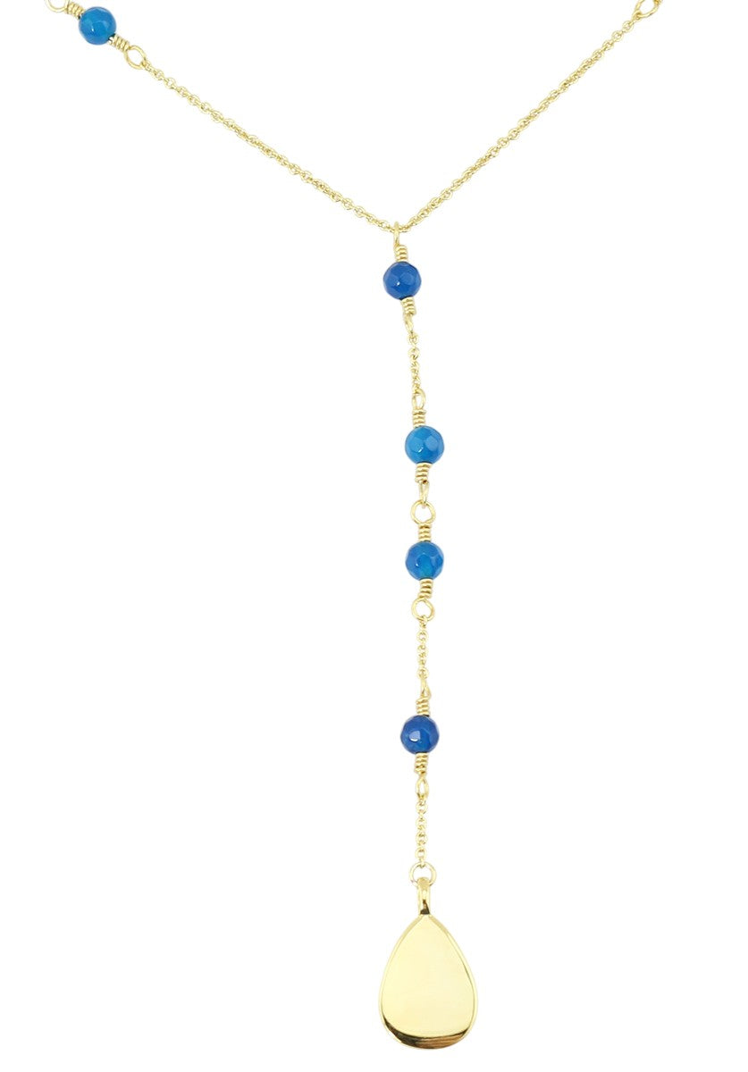 Blue Agate Y Beaded Gold Tone Pendant