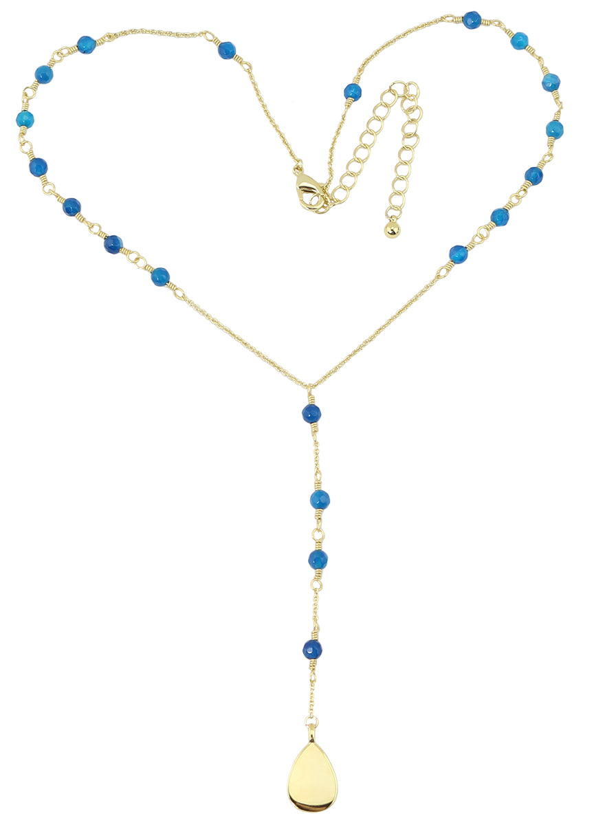 Blue Agate Y Beaded Gold Tone Pendant