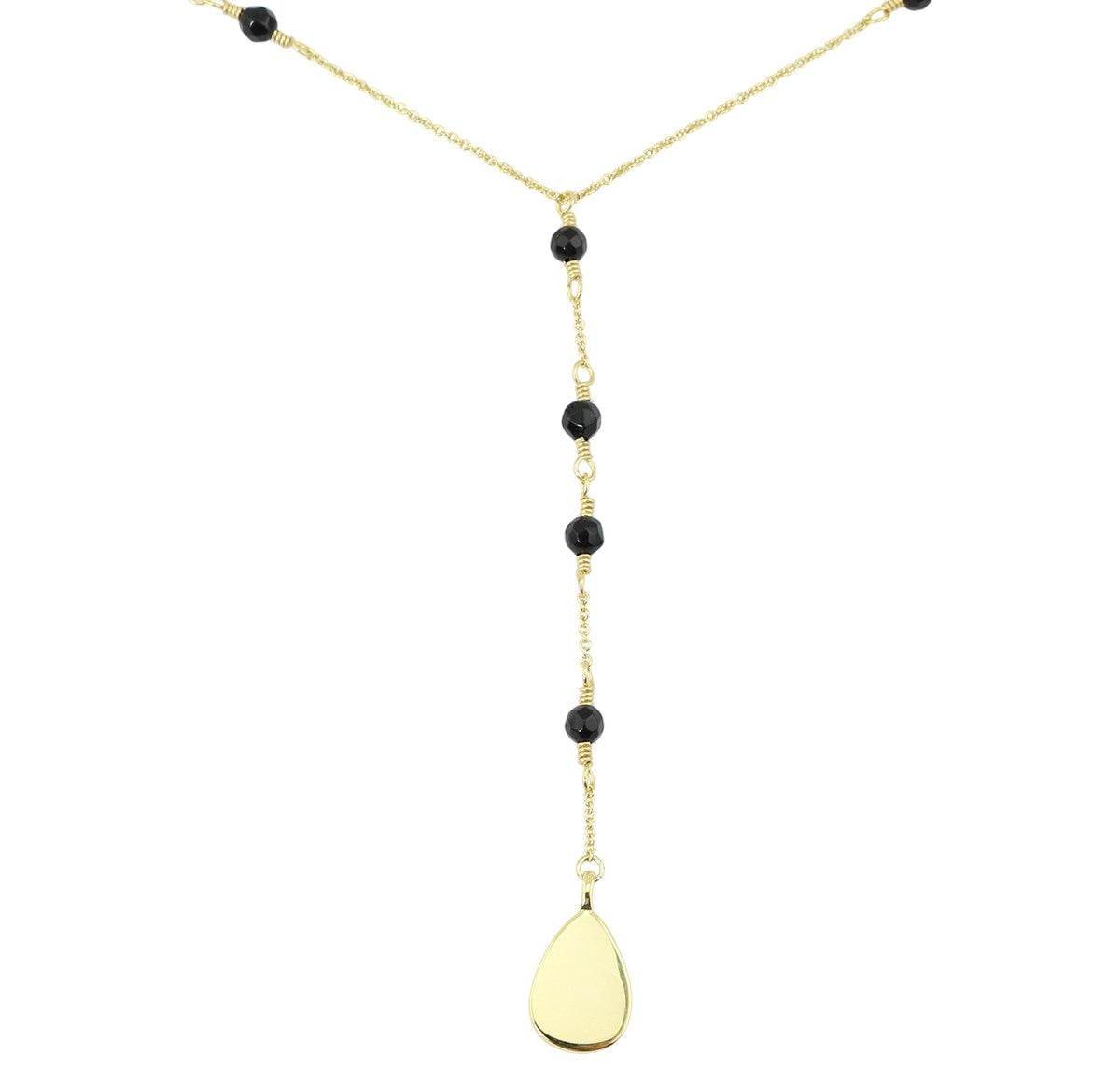 Black Agate Y Beaded Gold Tone Pendant