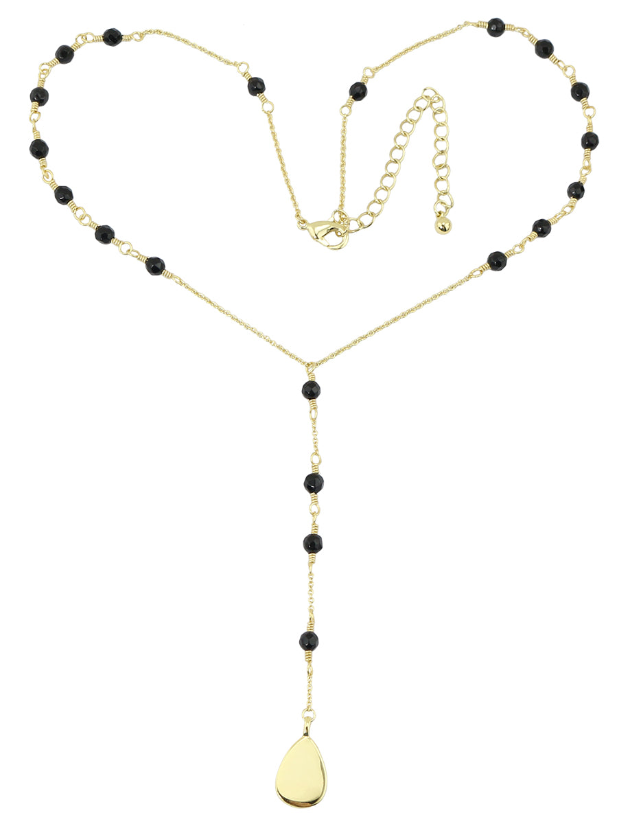 Black Agate Y Beaded Gold Tone Pendant