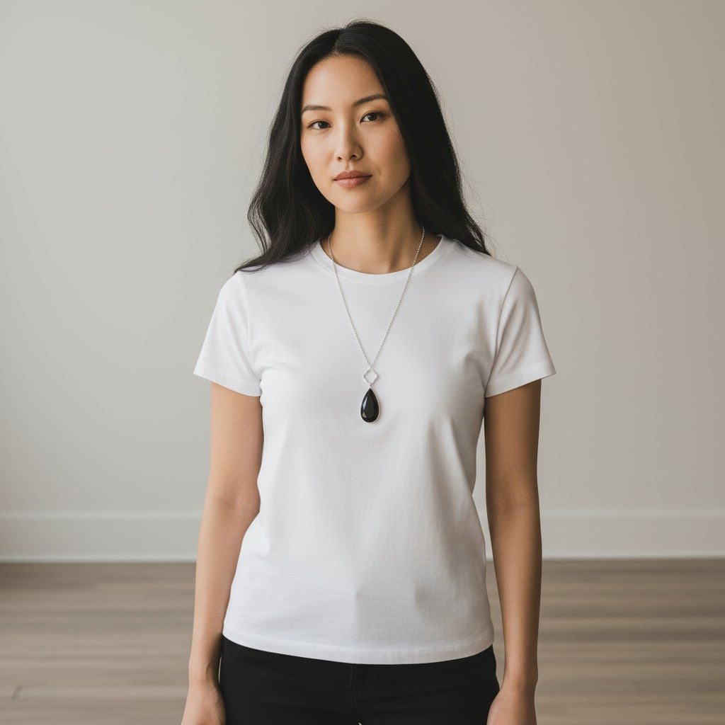 Morocco Design Long Necklace with Black Agate Pendant