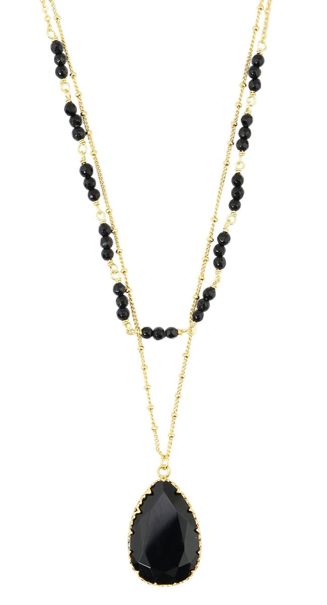2-Strand Layered Black Agate Tear Drop Pendant Gold Tone Necklace