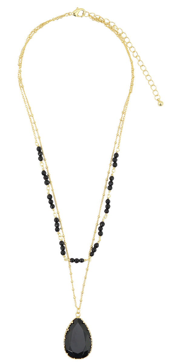 2-Strand Layered Black Agate Tear Drop Pendant Gold Tone Necklace