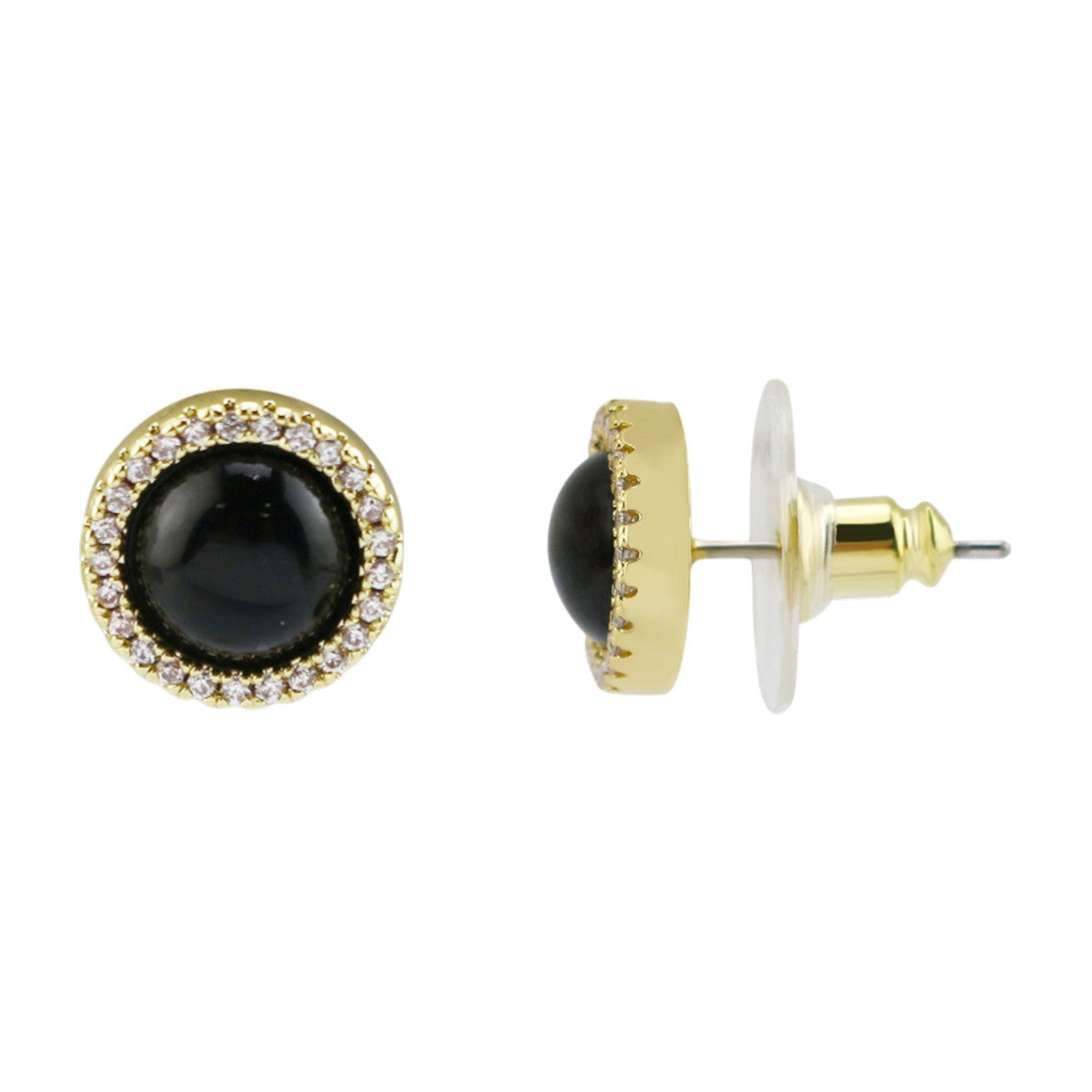 Gold-Tone Black Agate & CZ Stud Earrings
