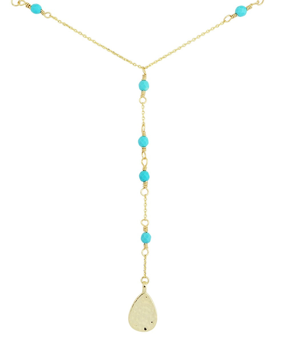 Blue Magnesite Y Beaded Gold Tone Pendant