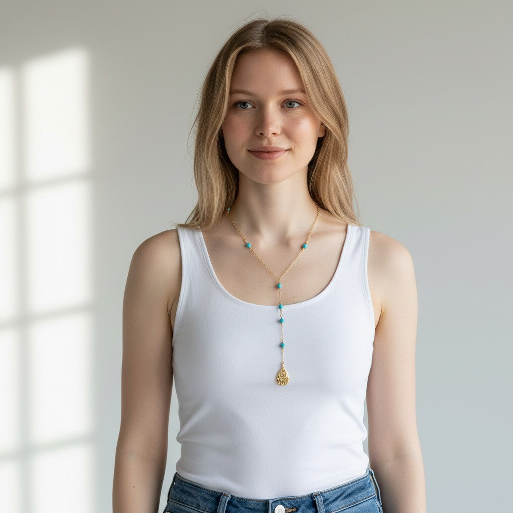Blue Magnesite Y Beaded Gold Tone Pendant