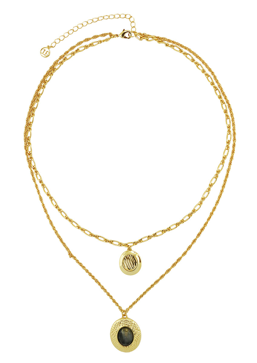 Vintage Oval Statement Layered Larvikite Pendant Necklace