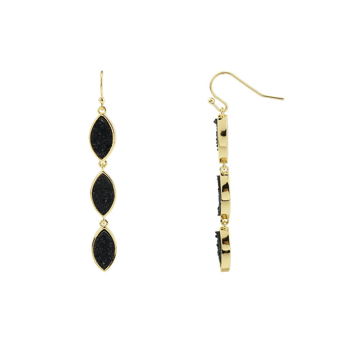 Black Resin Druzy Oval Gold Tone Drop Earrings