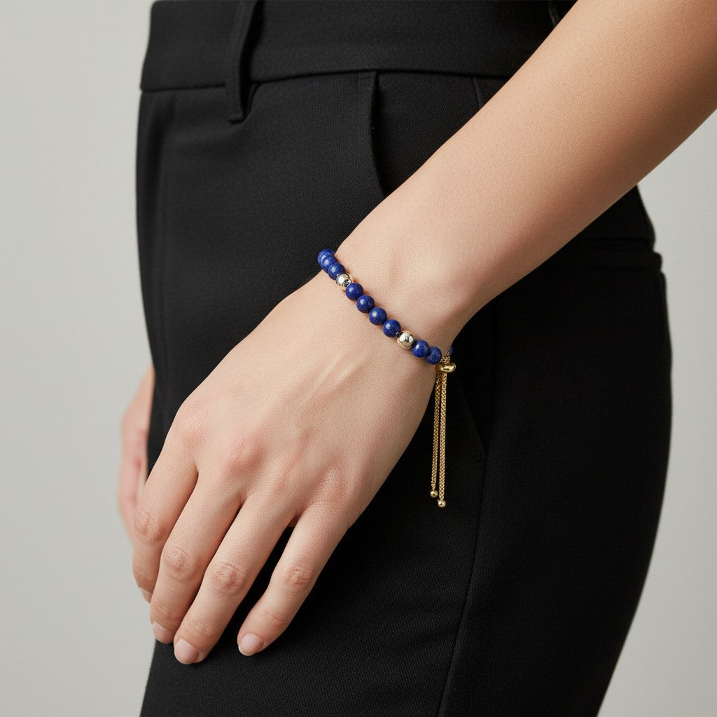 Lapis Round Beaded Adjustable Bracelet