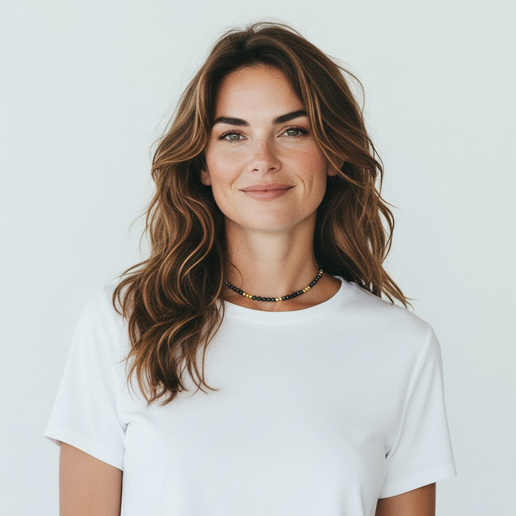 Round Faceted Larvikite & Brass Bead Choker Necklace